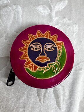 Shantiniketan Hippie Bohemian India Hand Painted Leather Sun Coin zipper Purse